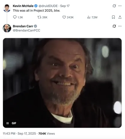 Brendan Carr GIF response to post on X.com claiming that Project 2025 called for cancelling late night hosts